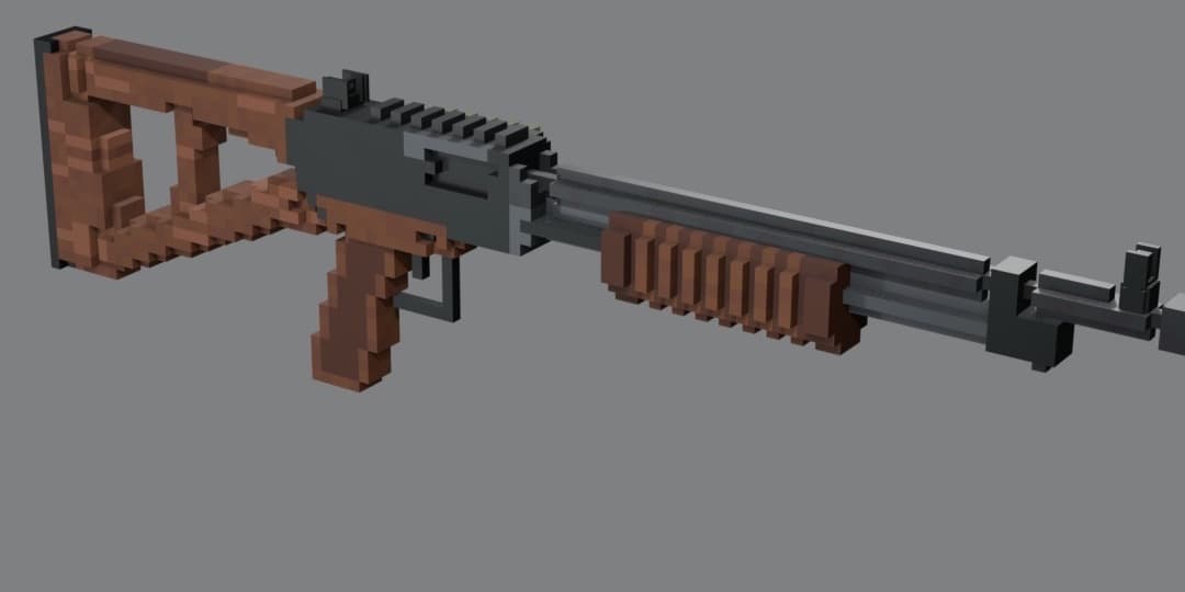 The B6 pump shotgun in voxel style, three-quarter view.
