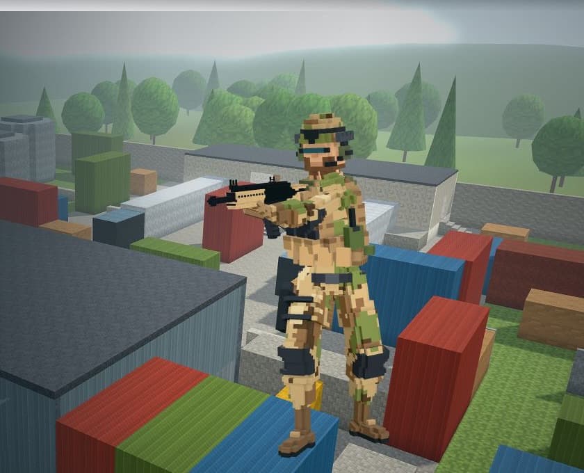 Un operador voxel con una carabina, de pie sobre contenedores apilados en el patio de Tovarnaya.
