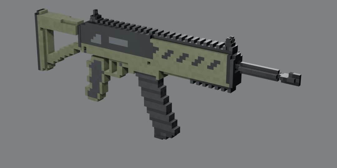 The N4 rifle in voxel style, three-quarter view.