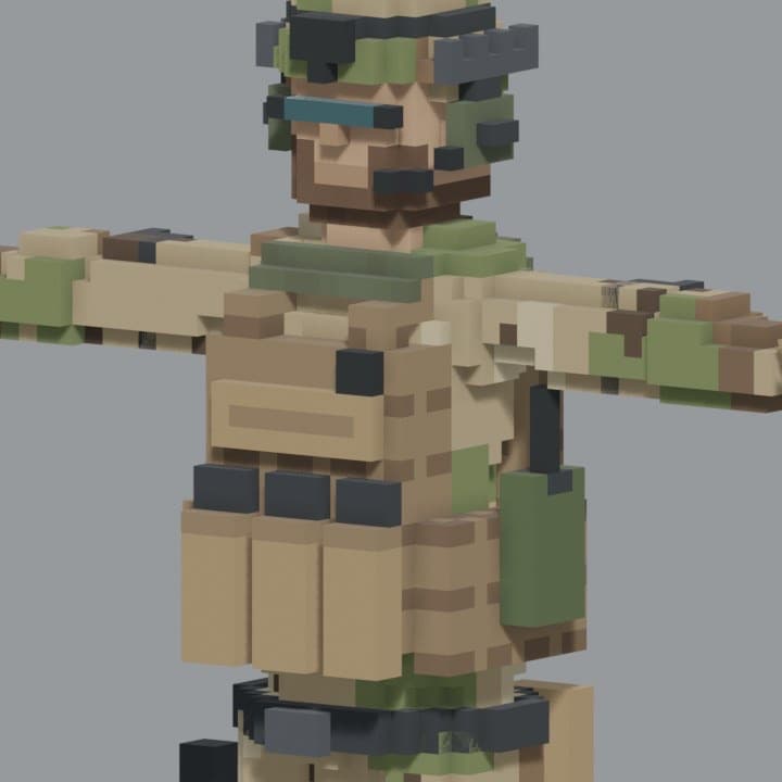 Voxel operator in three-quarter view with helmet, plate carrier, pouches and a carbine.