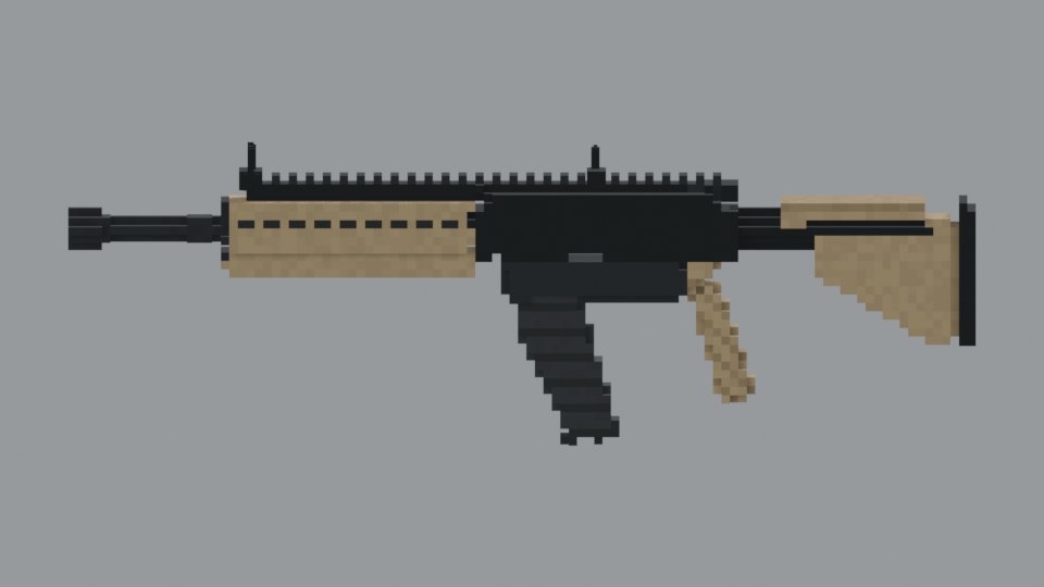 Carbine rendered in the voxel art style